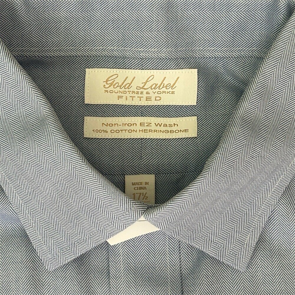 Gold Label Roundtree & Yorke Dress Shirt Mens 17.5 Blue Herringbone - Picture 3 of 9
